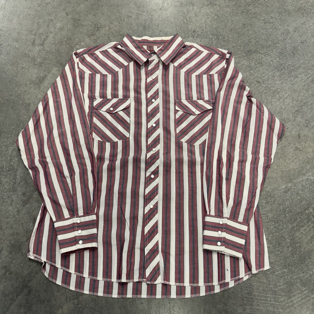Vintage Men's Pearl Snap Red Striped Rustler Rodeo Western Cotton Poly Blend XL